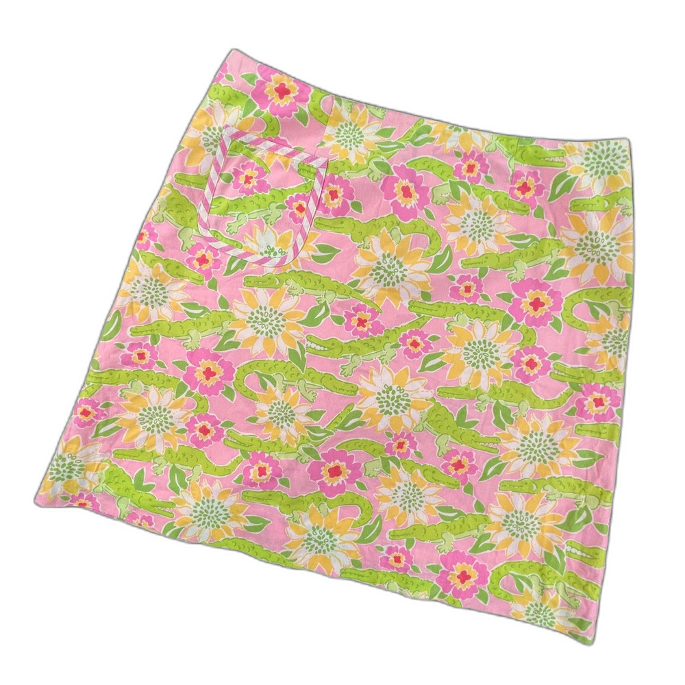 Lilly Pulitzer White Label Alligator Print Mini Skirt 10 Pink Green Cotton